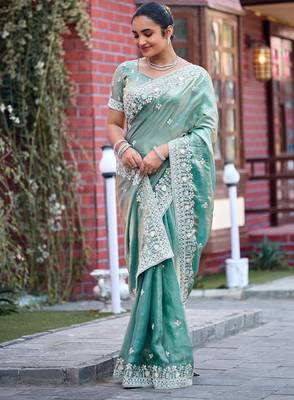 Indian sage green multicolor floral buti embroidered border fandy satin saree with unstitched blouse 3