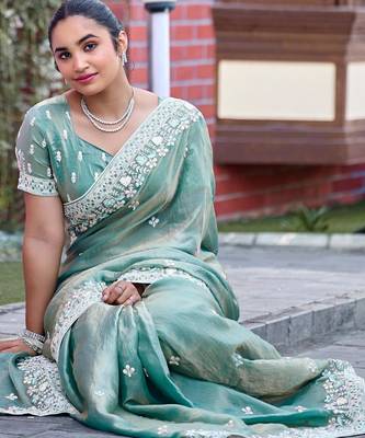 Indian sage green multicolor floral buti embroidered border fandy satin saree with unstitched blouse 4