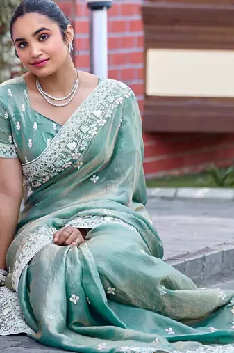 Indian sage green multicolor floral buti embroidered border fandy satin saree with unstitched blouse
