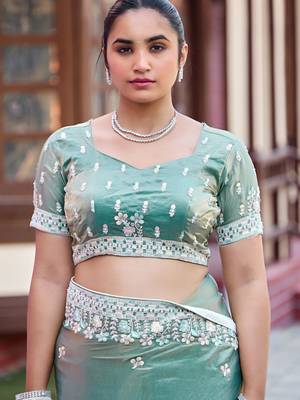 Indian sage green multicolor floral buti embroidered border fandy satin saree with unstitched blouse 5