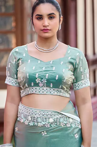 Indian sage green multicolor floral buti embroidered border fandy satin saree with unstitched blouse