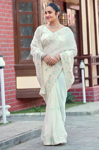 Elegance white multicolor floral buti embroidered border fandy satin saree with unstitched blouse