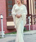 Elegance white multicolor floral buti embroidered border fandy satin saree with unstitched blouse