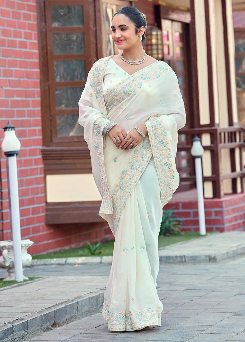 Elegance white multicolor floral buti embroidered border fandy satin saree with unstitched blouse