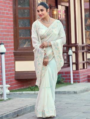 Elegance white multicolor floral buti embroidered border fandy satin saree with unstitched blouse 2