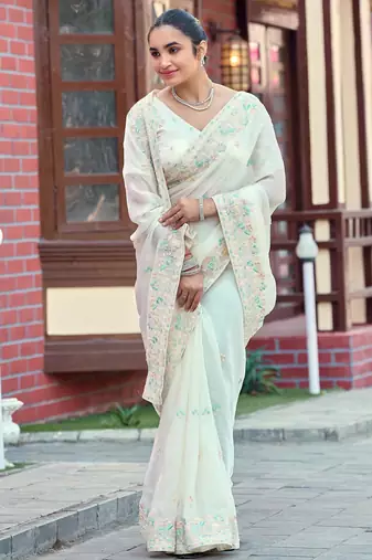 Elegance white multicolor floral buti embroidered border fandy satin saree with unstitched blouse