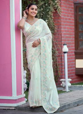 Elegance white multicolor floral buti embroidered border fandy satin saree with unstitched blouse 3