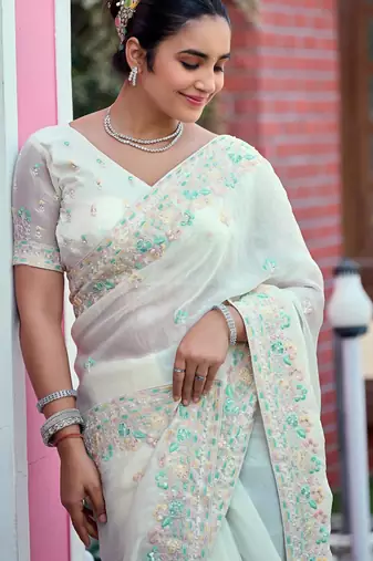 Elegance white multicolor floral buti embroidered border fandy satin saree with unstitched blouse
