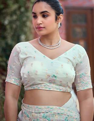 Elegance white multicolor floral buti embroidered border fandy satin saree with unstitched blouse 5