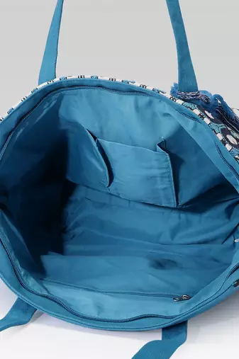  earth edit teal blue ethnic motifs jacquard tote bag