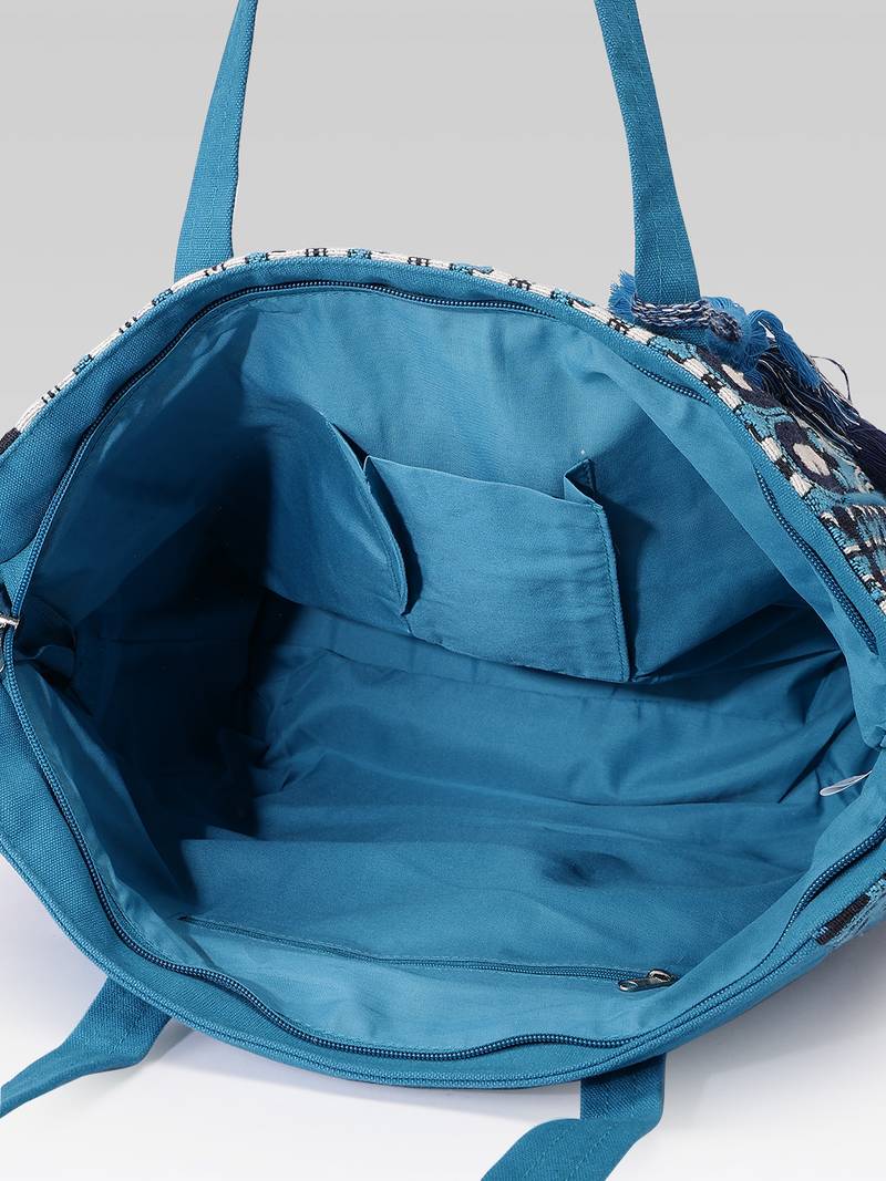  earth edit teal blue ethnic motifs jacquard tote bag