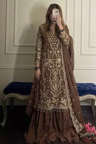 Brown Color Embroidery Sequence Work  Faux Georgette Salwar Suit