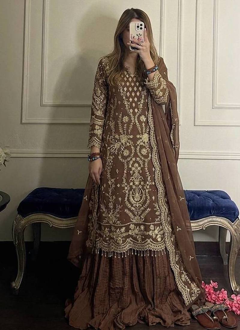Brown Color Embroidery Sequence Work  Faux Georgette Salwar Suit