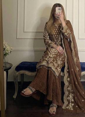 Brown Color Embroidery Sequence Work  Faux Georgette Salwar Suit 2