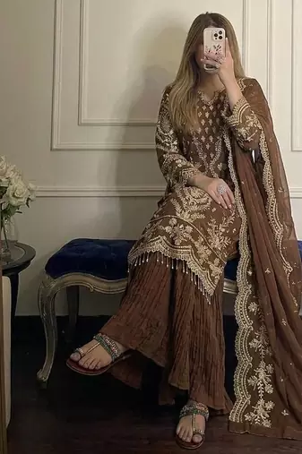Brown Color Embroidery Sequence Work  Faux Georgette Salwar Suit