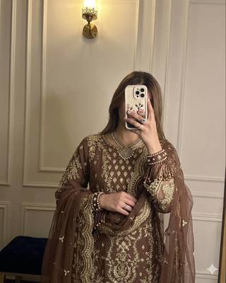 Brown Color Embroidery Sequence Work  Faux Georgette Salwar Suit 3