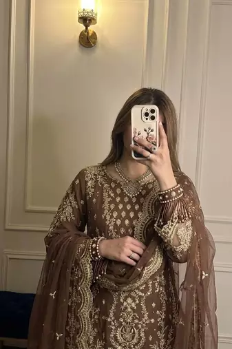 Brown Color Embroidery Sequence Work  Faux Georgette Salwar Suit