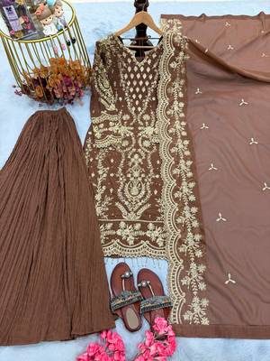 Brown Color Embroidery Sequence Work  Faux Georgette Salwar Suit 4