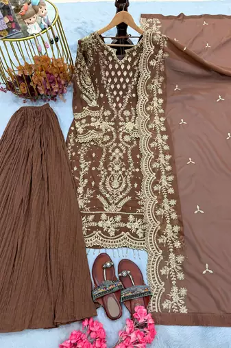 Brown Color Embroidery Sequence Work  Faux Georgette Salwar Suit