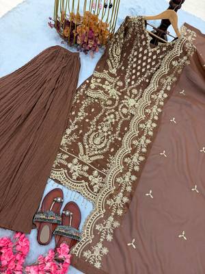 Brown Color Embroidery Sequence Work  Faux Georgette Salwar Suit 5