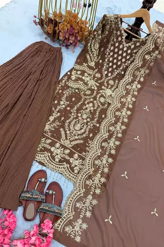 Brown Color Embroidery Sequence Work  Faux Georgette Salwar Suit