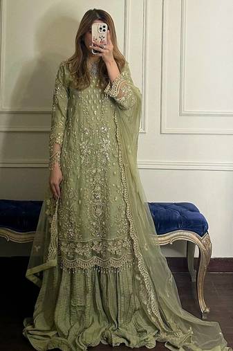 Light Green  Color Embroidery Sequence Work  Faux Georgette Salwar Suit