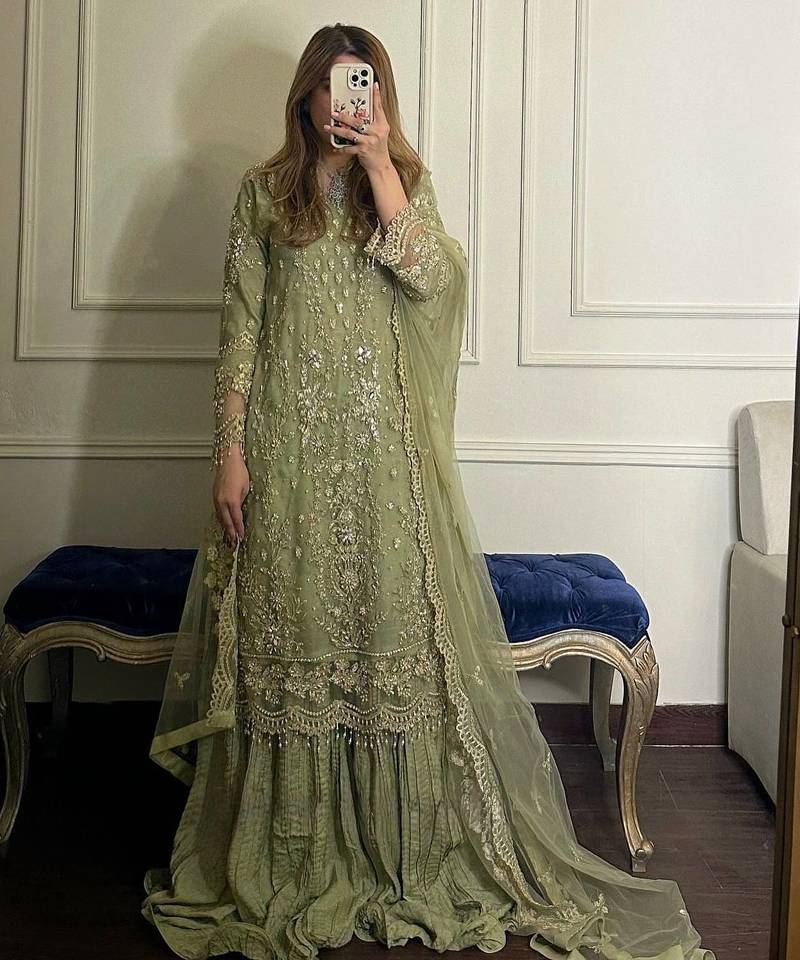Light Green  Color Embroidery Sequence Work  Faux Georgette Salwar Suit