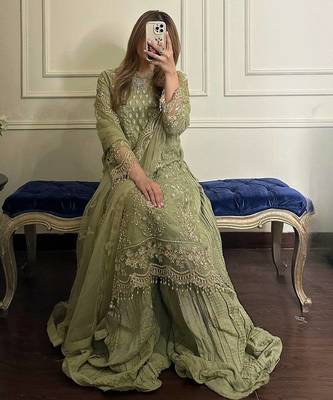 Light Green  Color Embroidery Sequence Work  Faux Georgette Salwar Suit 2