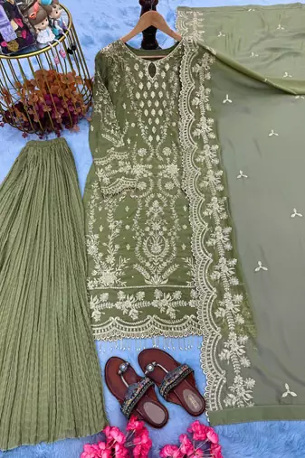 Light Green  Color Embroidery Sequence Work  Faux Georgette Salwar Suit