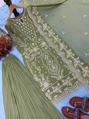 Light Green  Color Embroidery Sequence Work  Faux Georgette Salwar Suit 5