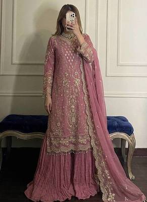 Light Pink Color Embroidery Sequence Work  Faux Georgette Salwar Suit 1