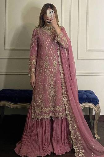 Light Pink Color Embroidery Sequence Work  Faux Georgette Salwar Suit