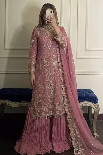 Light Pink Color Embroidery Sequence Work  Faux Georgette Salwar Suit