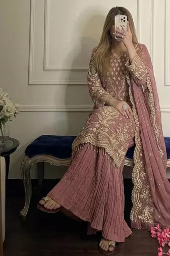 Light Pink Color Embroidery Sequence Work  Faux Georgette Salwar Suit