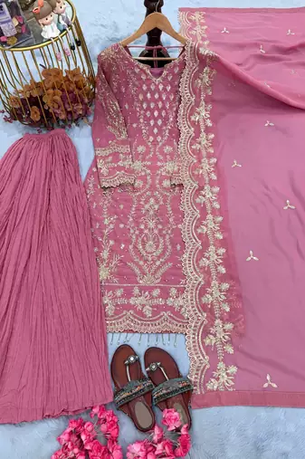 Light Pink Color Embroidery Sequence Work  Faux Georgette Salwar Suit