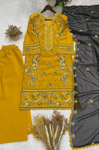 Yellow silk blend embroidered palazzo set