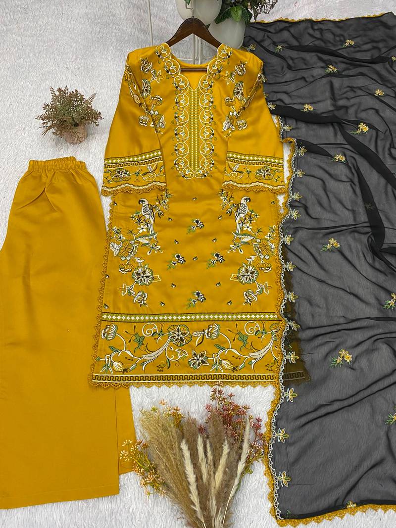 Yellow silk blend embroidered palazzo set