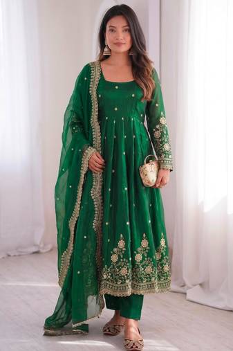 Dark-green silk blend embroidered flared gown set