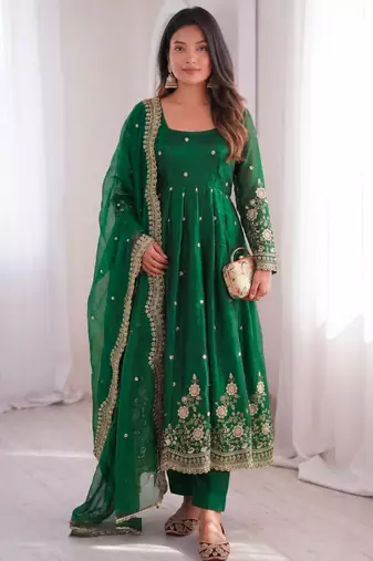 Dark-green silk blend embroidered flared gown set