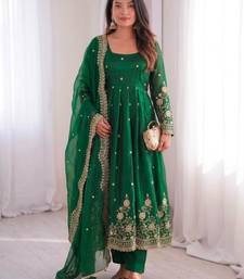 Dark-green silk blend embroidered flared gown set