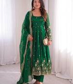 Dark-green silk blend embroidered flared gown set
