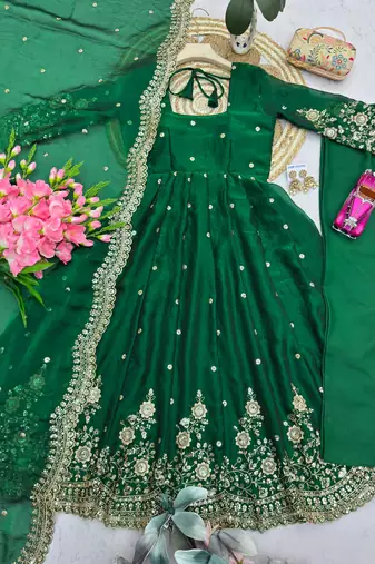 Dark-green silk blend embroidered flared gown set