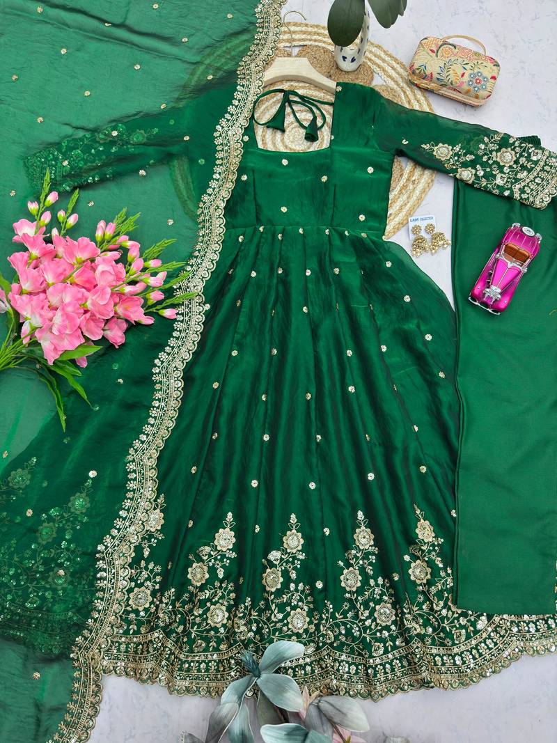 Dark-green silk blend embroidered flared gown set