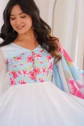 Blue silk blend printed flared gown set