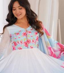 Blue silk blend printed flared gown set