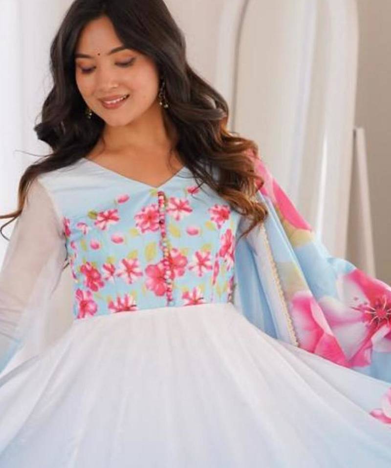 Blue silk blend printed flared gown set