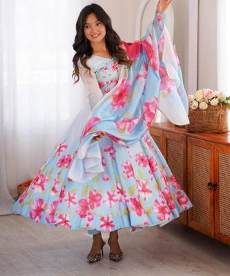 Blue silk blend printed flared gown set 1