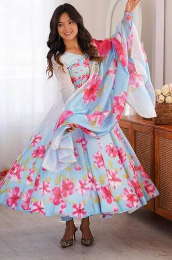 Blue silk blend printed flared gown set
