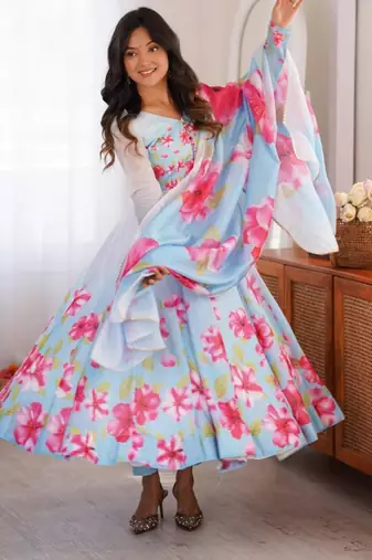 Blue silk blend printed flared gown set