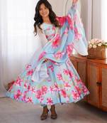Blue silk blend printed flared gown set